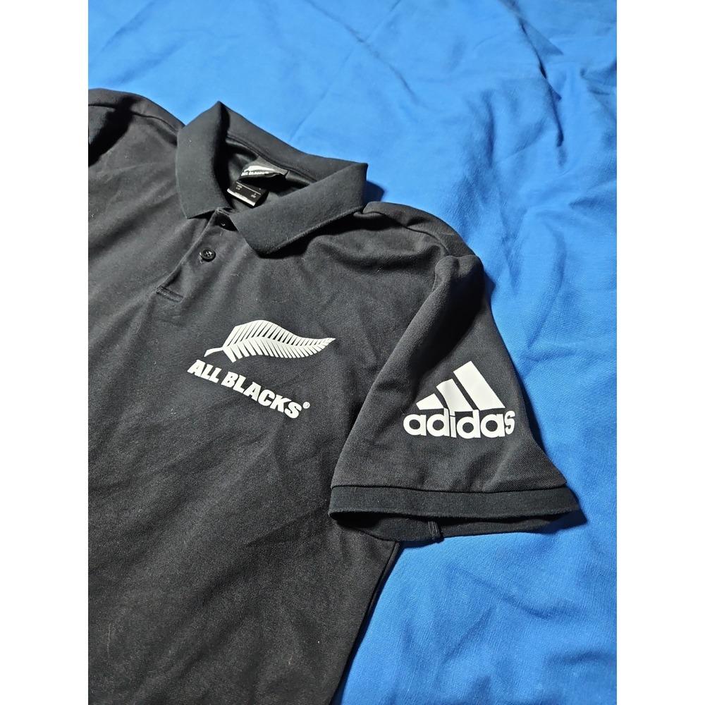 New Zealand All Blacks Rugby Polo Shirt Feather Logo Adidas Collared Size Large